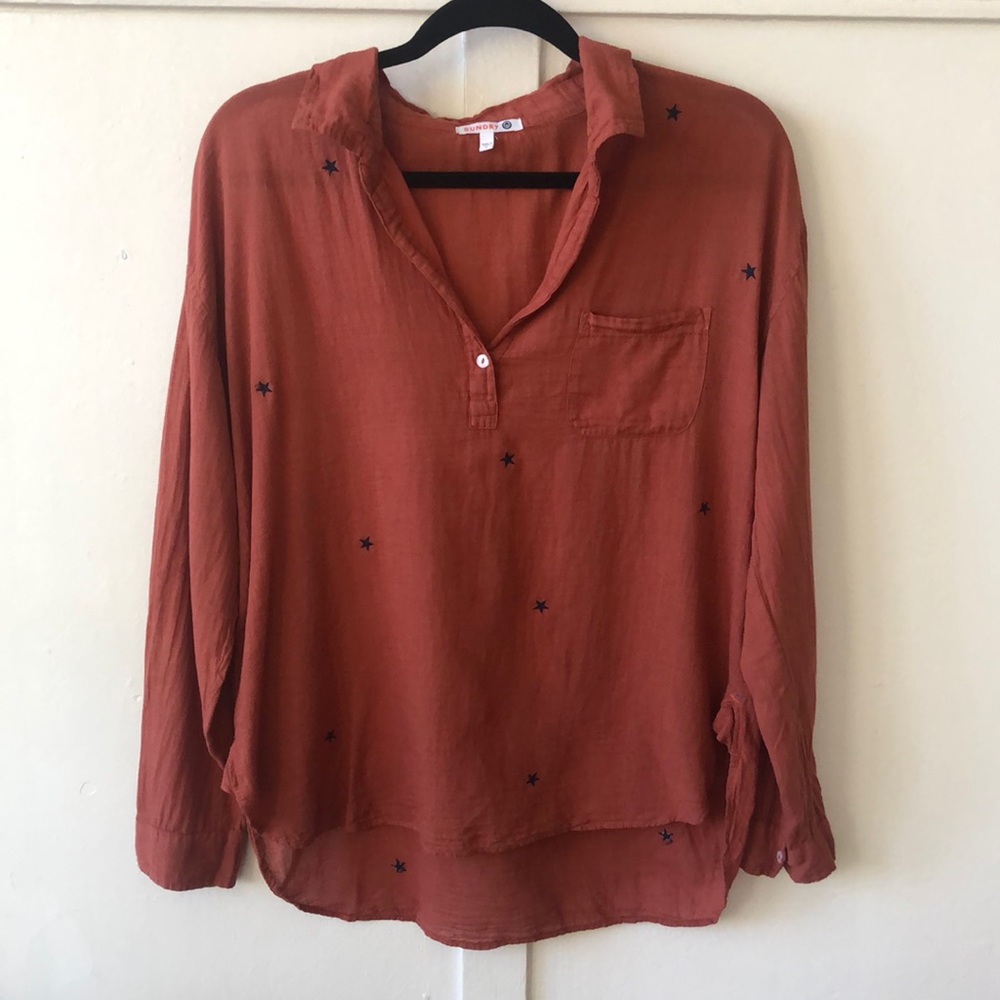 Sundry Orange Long Sleeve V-Neck Collared Top with Navy Blue Embroidered Stars 2